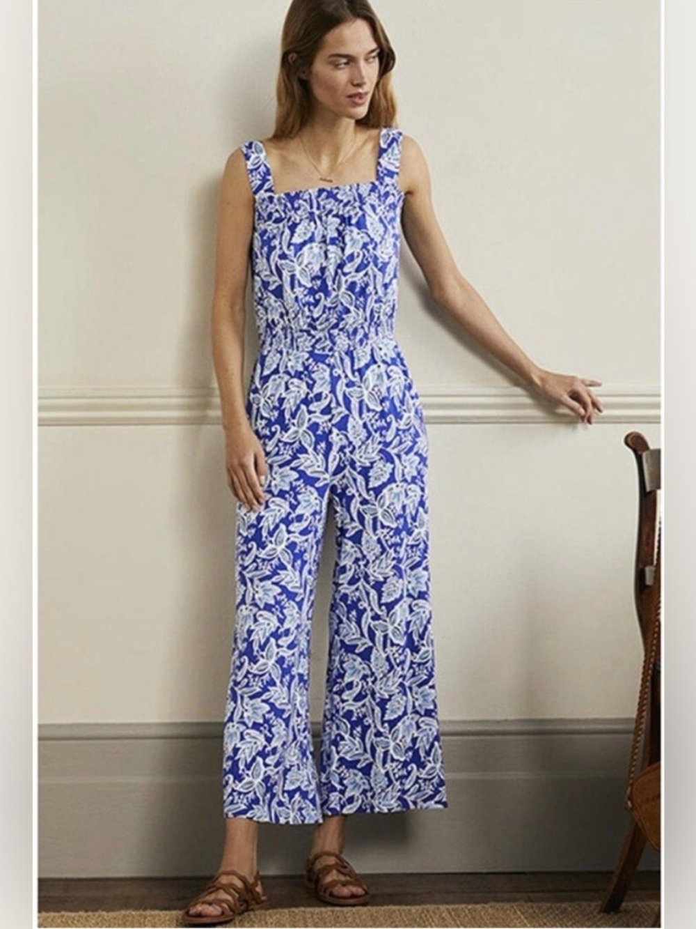 Boden Blue And White Tropical Floral Wide Leg Jumpsuit